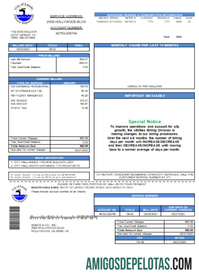 Projeto de lei de serviços públicos de água do Departamento de Utilidades da Cidade de Laredo, SCR exemplo